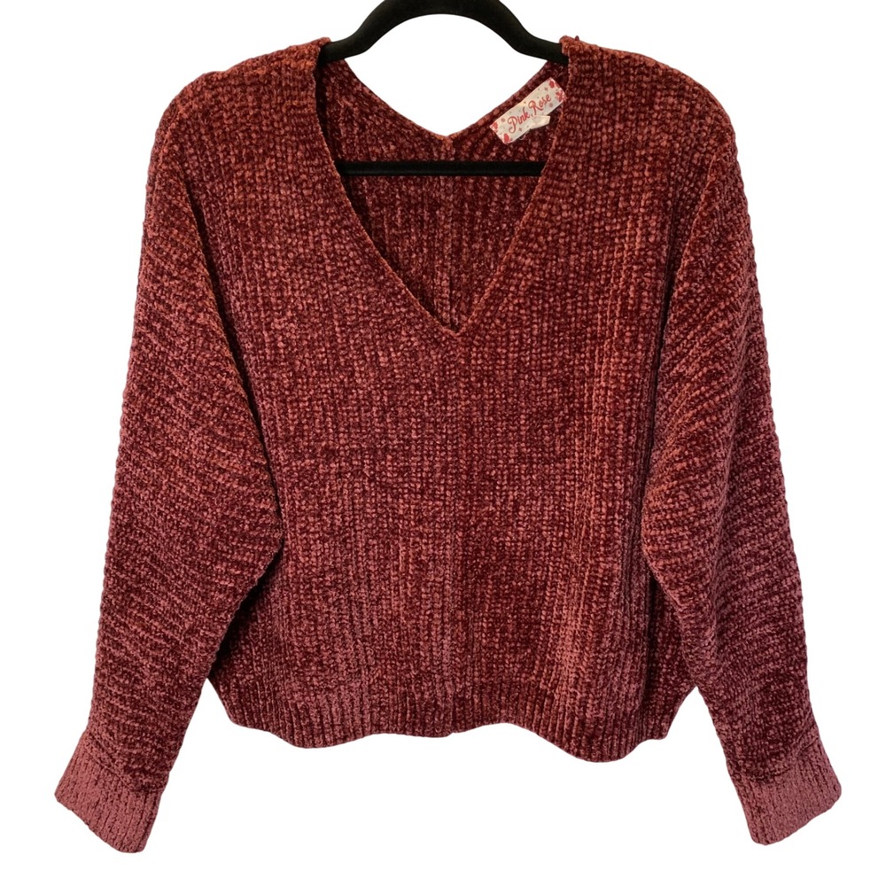 Pink Rose Chenille Knit Sweater Women Large Burgundy V-Neck Relaxed Cozy Slouchy